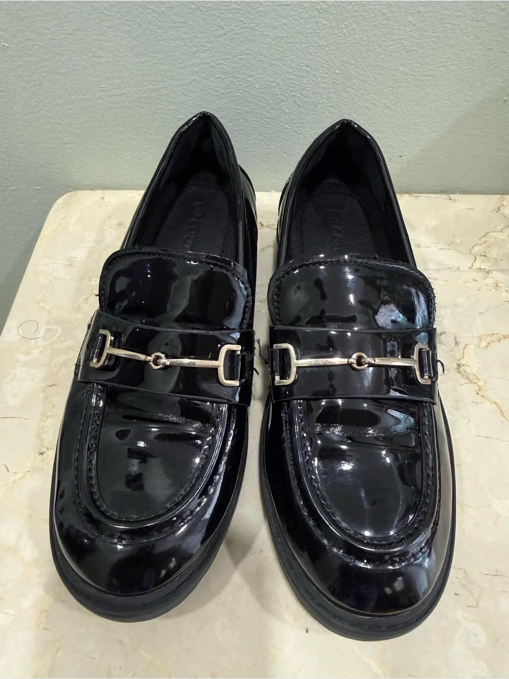 Kids Black Patent Moccasin Loafers with Gold-Tone Bit